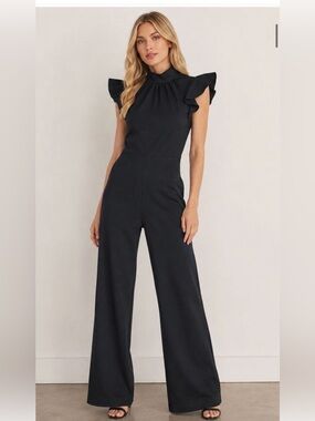 Amanda Uprichard Black Flutter Sleeve Mock Neck Davina Jumpsuit